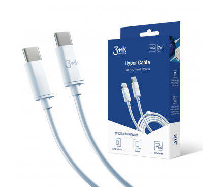 Cablu Date si Incarcare USB Type-C la USB Type-C 3MK Hyper, 2 m, PD 100W, Alb 