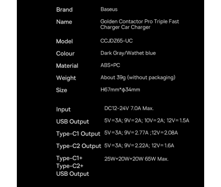 Incarcator Auto Baseus Golden Contactor Pro, 65W, 3A, 1 x USB-A - 2 x USB-C, Gri CGJP010013