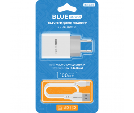 Incarcator Retea cu cablu MicroUSB BLUE Power BLL65EU, 2.4A, 12W, 2 X USB, Alb 