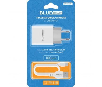Incarcator Retea Cu Cablu USB-C Blue Power BLL65EU, 12W, 2.4A, 2 x USB-A, Alb