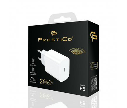 Incarcator Retea Prestico F8, 20W, 3A, 1 x USB-C, Alb