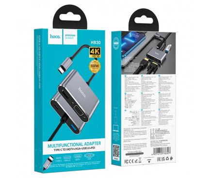 Adaptor Video USB Type-C la HDMI / VGA / USB / USB-C HOCO HB30 Eco, Gri Inchis 