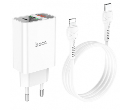 Incarcator Retea cu cablu Lightning HOCO C100A, Quick Charge, Afisaj Led, 20W, 1 X USB - 1 X USB Type-C, Alb 