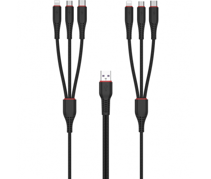 Cablu Incarcare USB-A - Lightning / microUSB / USB-C XO Design NB196, 18W, 2m, Negru