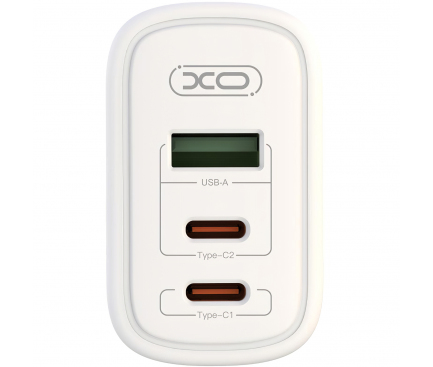 Incarcator Retea cu Cablu USB-C XO Design CE04, 65W, 3.25A, 1 x USB-A - 2 x USB-C, Alb