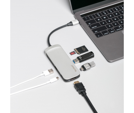 Hub USB-C Kingston Nucleum, 2 x USB-A - 2 x USB-C - HDMI - SD - microSD, Alb C-HUBC1-SR-EN