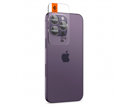 Folie de protectie Camera spate Spigen Optik pentru Apple iPhone 14 Pro Max / 14 Pro, Sticla securizata, Full Glue, Set 2 bucati, Mov AGL05597