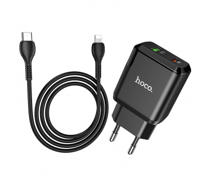 Incarcator Retea cu Cablu Lightning HOCO N5, 20W, 3A, 1 x USB-A - 1 x USB-C, Negru