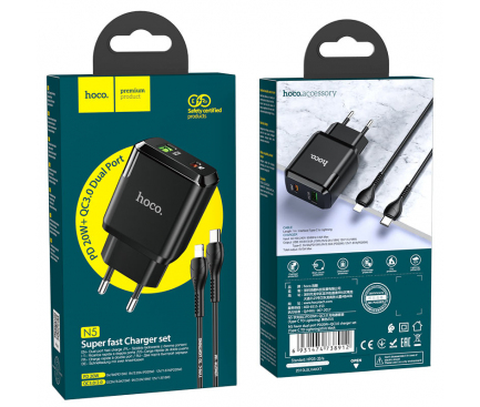 Incarcator Retea cu Cablu Lightning HOCO N5, 20W, 3A, 1 x USB-A - 1 x USB-C, Negru