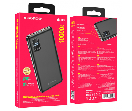 Baterie Externa Borofone BJ15 Wiseacre, 10000mAh, 22.5W, QC + PD, 2 x USB-A - 1 x USB-C, Neagra