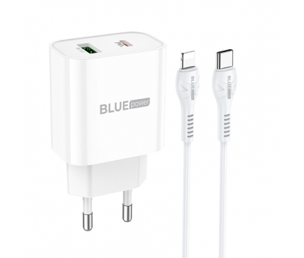 Incarcator Retea Cu Cablu Lightning BLUE Power BCL80A, 20W, 3A, 1 x USB-A - 1 x USB-C, Alb