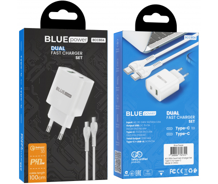 Incarcator Retea Cu Cablu USB-C BLUE Power BCC80A, 20W, 3A, 1 x USB-A - 1 x USB-C, Alb