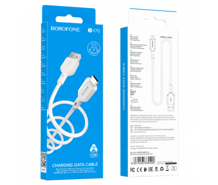 Cablu Date si Incarcare USB la MicroUSB Borofone BX70, 1 m, 2.4A, Alb 