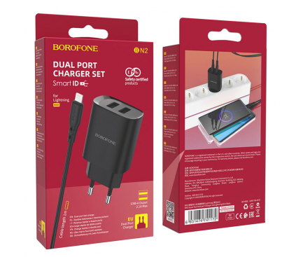 Incarcator Retea cu Cablu Lightning Borofone BN2, 10W, 2.1A, 2 x USB-A, Negru