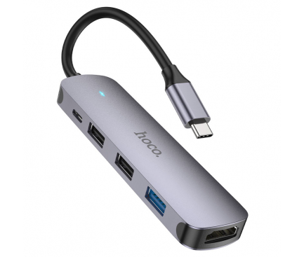 Hub USB-C HOCO HB27, USB-A 3.0 - 2 x USB-A - USB-C - HDMI, Gri