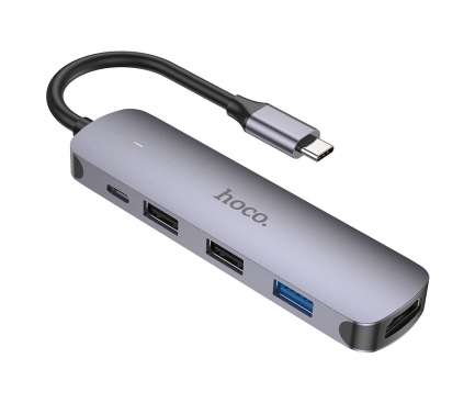 Hub USB-C HOCO HB27, USB-A 3.0 - 2 x USB-A - USB-C - HDMI, Gri