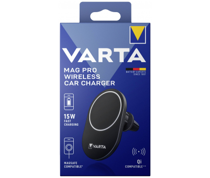 Incarcator Auto Wireless Varta Mag Pro Wireless, 15W, 1.67A, Negru 