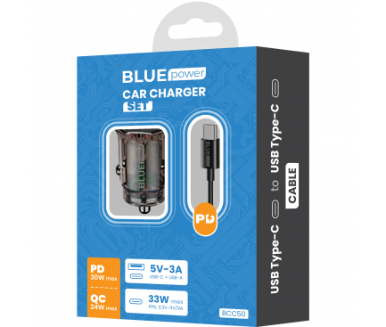 Incarcator Auto Cu Cablu USB-C BLUE Power BCC50, 33W, 3A, 1 x USB-A - 1 x USB-C, Negru