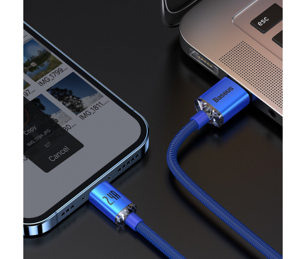 Cablu Date si Incarcare USB-A - Lightning Baseus Crystal Shine Series, 18W, 1.2m, Albastru CAJY000003 