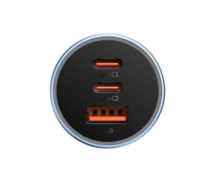Incarcator Auto Baseus Golden Contactor Pro, 65W, 3A, 1 x USB-A - 2 x USB-C, Albastru CGJP010003 