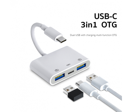 Hub USB-C OEM S-202, 2 x USB-A - 1 x USB-C, Alb 