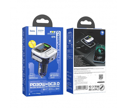 Modulator FM Bluetooth HOCO E75-2, 2 x USB-A - 1 x USB-C - 1 x AUX 