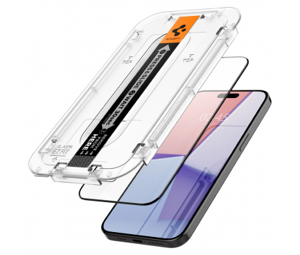 Folie de protectie Ecran Spigen EZ FIT pentru Apple iPhone 15 Pro, Sticla Securizata, Full Glue, 2.5D, Case Friendly, Neagra AGL06899