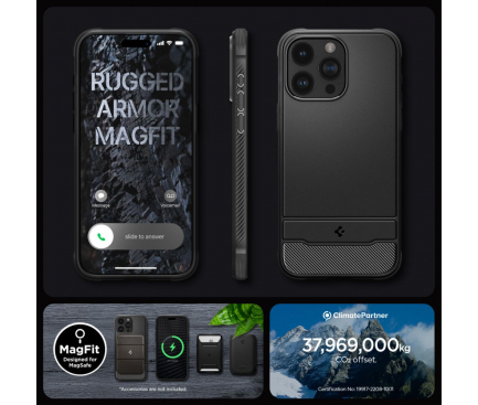 Husa MagSafe pentru Apple iPhone 15 Pro Max, Spigen, Rugged Armor, Neagra ACS06561 
