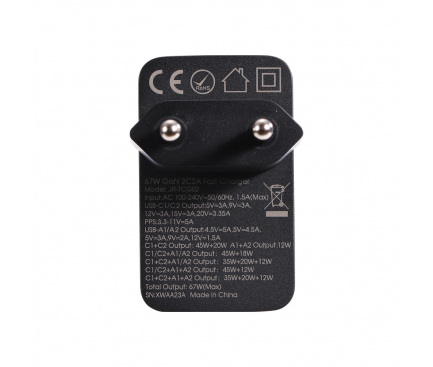 Incarcator Retea Cu Cablu USB-C Joyroom JR-TCG02, 67W, 5A, 2 x USB-A - 2 x USB-C, Negru