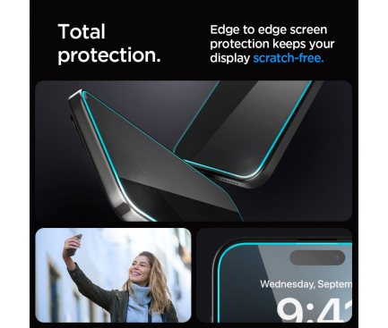 Folie de protectie Ecran Privacy Spigen EZ FIT pentru Apple iPhone 15 Pro Max, Sticla Securizata, Full Glue, Set 2 bucati 