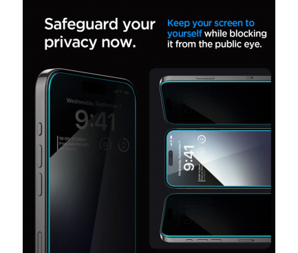 Folie de protectie Ecran Privacy Spigen EZ FIT pentru Apple iPhone 15 Pro Max, Sticla Securizata, Full Glue, Set 2 bucati 