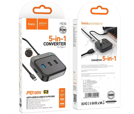 Hub USB-C HOCO HB36, 2 x USB-A - 1 x USB-A 3.0 - 1 x USB-C - HDMI, 0.2m, Negru 