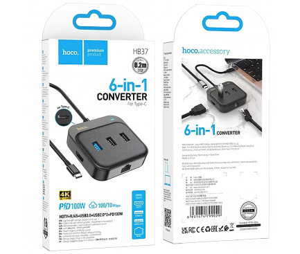 Hub USB-C HOCO HB37, 2 x USB-A - 1 x USB-A 3.0 - 1 x USB-C - HDMI - RJ45, 0.2m, Negru 