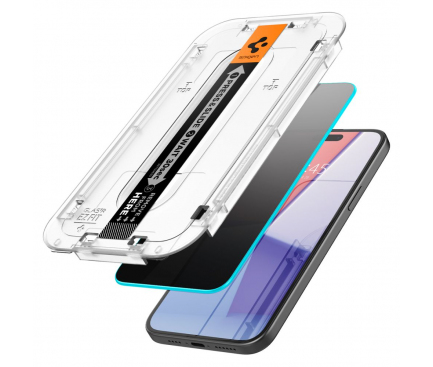 Folie de protectie Ecran Privacy Spigen EZ FIT pentru Apple iPhone 15 Pro, Sticla Securizata, Full Glue, 2.5D AGL07120 