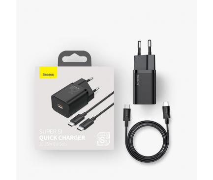 Incarcator Retea Cu Cablu USB-C Baseus Super Si, 25W, 3A, 1 x USB-C, Negru TZCCSUP-L01 