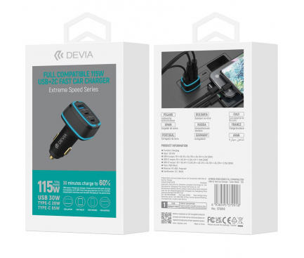 Incarcator Auto DEVIA Extreme, 115W, 3A, 1 x USB-A - 2 x USB-C, Negru 