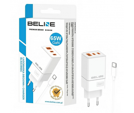 Incarcator Retea Cu Cablu USB-C Beline GaN, 65W, 3A, 1 x USB-A - 2 x USB-C, Alb BLN3CW65C 