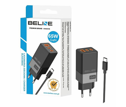 Incarcator Retea Cu Cablu USB-C Beline GaN, 65W, 3A, 1 x USB-A - 2 x USB-C, Negru BLN3CB65C 