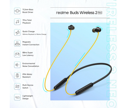 Handsfree Bluetooth Realme Buds Wireless 2 Neo, A2DP, Negru 