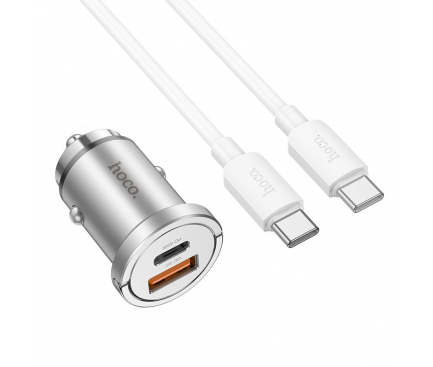 Incarcator Auto Cu Cablu USB-C HOCO NZ10, 45W, 3A, 1 x USB-A - 1 x USB-C, Argintiu 