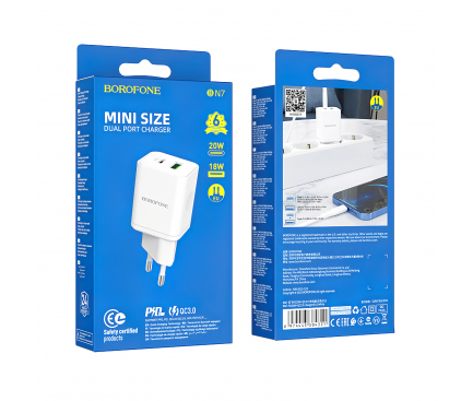 Incarcator Retea Borofone BN7, 20W, 3A, 1 x USB-A - 1 x USB-C, Alb 
