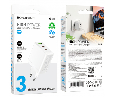 Incarcator Retea Borofone BN12, 65W, 5A, 1 x USB-A - 2 x USB-C, Alb