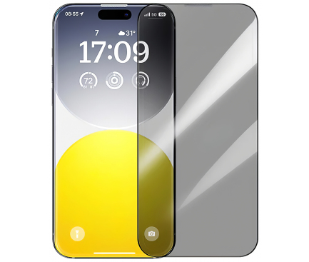Folie de protectie Ecran Privacy Baseus Diamond pentru Apple iPhone 15 Plus, Sticla Securizata, Full Glue P60057405203-02 
