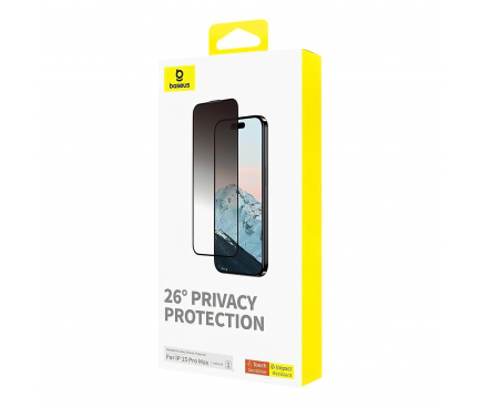 Folie de protectie Ecran Privacy Baseus Diamond pentru Apple iPhone 15 Pro Max, Sticla Securizata, Full Glue P60057405203-03 