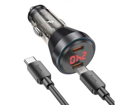 Incarcator Auto Cu Cablu USB-C HOCO NZ12C, 60W, 3A, 2 x USB-C, Negru 