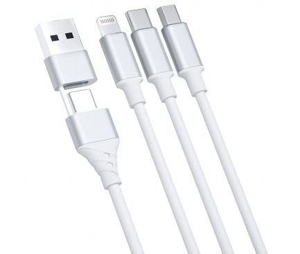 Cablu Date si Incarcare USB-A / USB-C - Lightning / microUSB / USB-C 3MK Hyper, 12W, 1.5m, Alb 