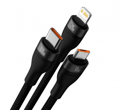 Cablu Incarcare USB-A / USB-C - Lightning / microUSB / USB-C Baseus Flash Series II, 100W, 1.2m, Negru CASS030101