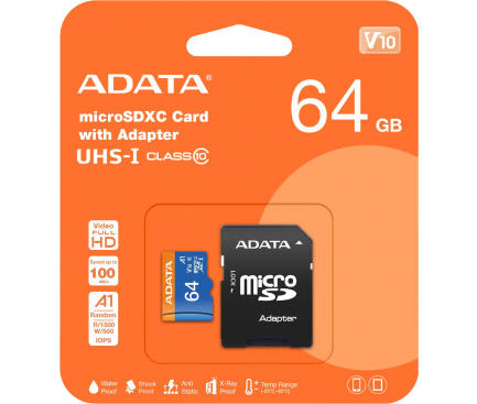 Card Memorie microSDXC Adata, 64Gb, Clasa 10 / UHS-1 U1, Cu Adaptor AUSDX64GUICL10A1-RA1 