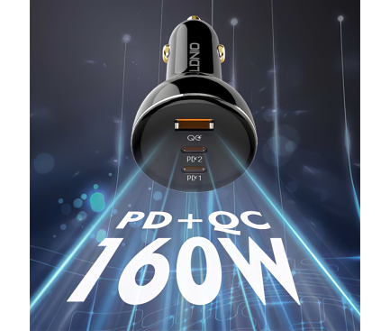 Incarcator Auto Cu Cablu USB-C Ldnio C102, 160W, 5A, 1 x USB-A - 2 x USB-C, Negru