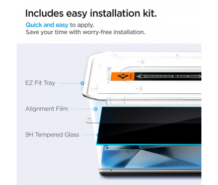 Folie de protectie Ecran Privacy Spigen EZ FIT pentru Samsung Galaxy S24 Ultra S928, Sticla Securizata, Full Glue, Set 2 bucati 